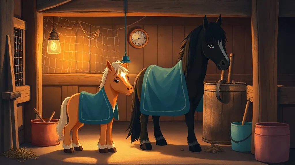 A golden pony and a big black horse in blue blankets standing side by side in a lamplit stable