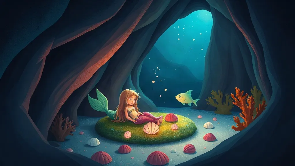 A little mermaid lying on a mossy bed in an undersea cave, surrounded by glowing shells