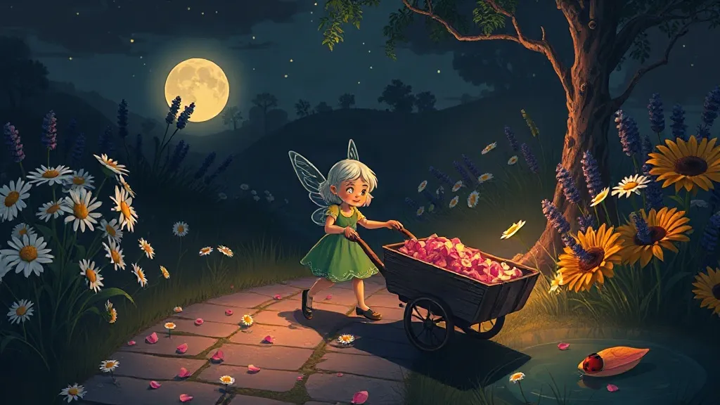 A silver-haired fairy pushing a tiny wheelbarrow of rose petals along a moonlit garden path