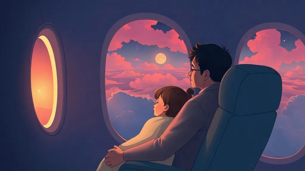 A girl and her dad looking out of an airplane window at pink sunset clouds