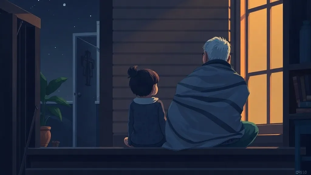 A girl and her grandfather, wrapped in a blanket, sitting on a wooden porch at night beside a warm lit window