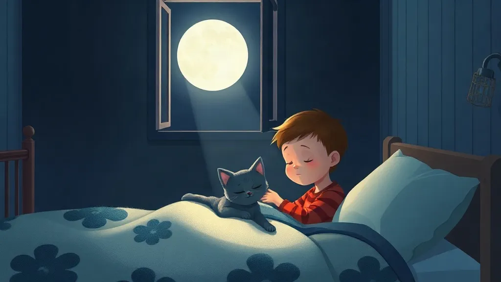 A gray kitten curled on a sleeping boy's blanket in a beam of moonlight from the window