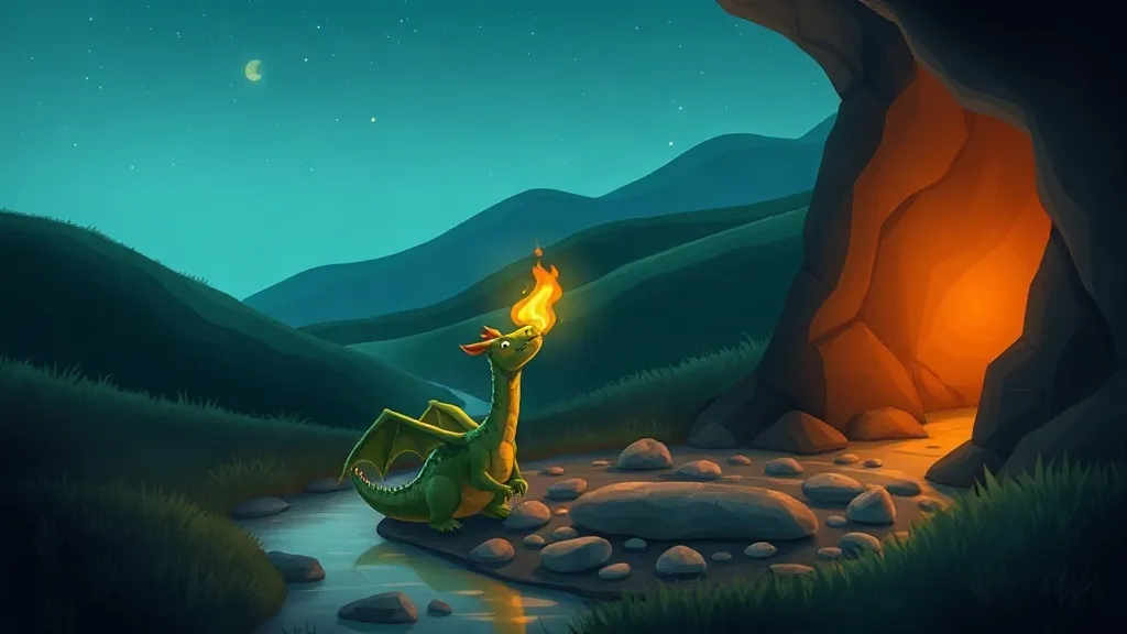 A tiny green dragon with a small flame on the pebbles outside a warm, glowing cave