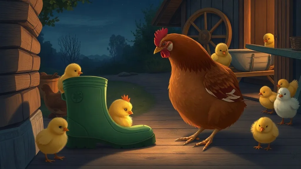 A brown mother hen looking at a little chick asleep inside a green rubber boot, with her other chicks nearby