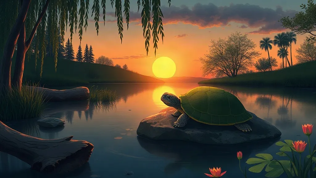 A turtle resting on a flat stone at the edge of a pond at sunset, under willow trees