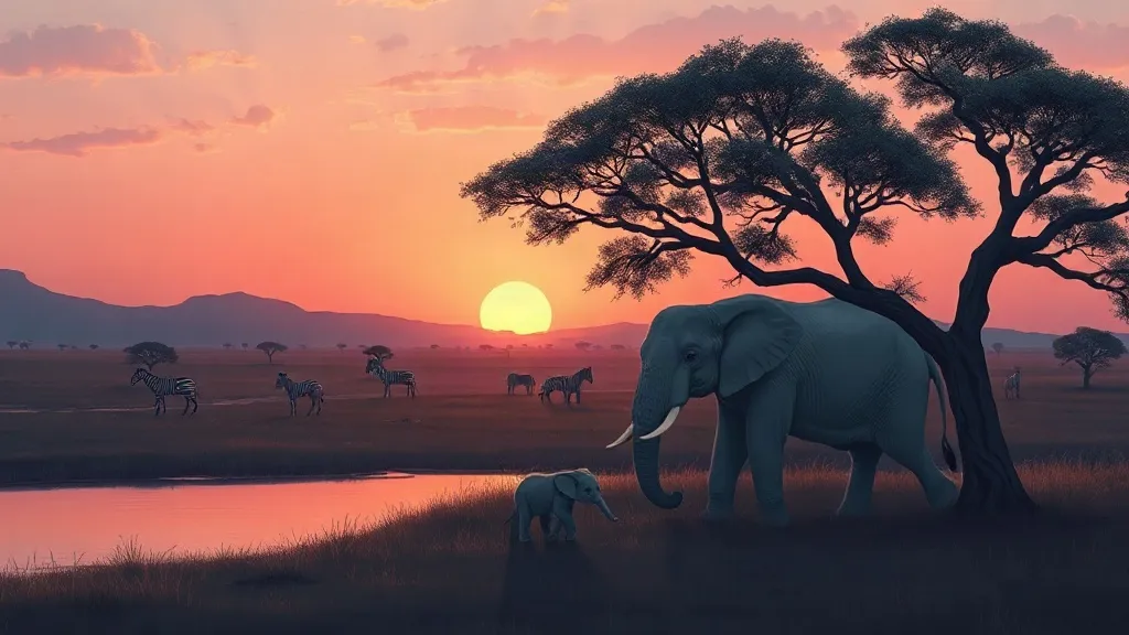 An elephant calf walking toward a big elephant under an acacia tree at dusk, with zebras in the distance