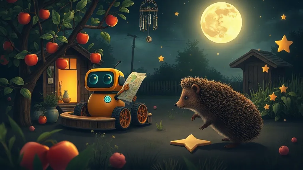 A small round robot holding up a hand-drawn map while a hedgehog sniffs its wheel in a moonlit garden