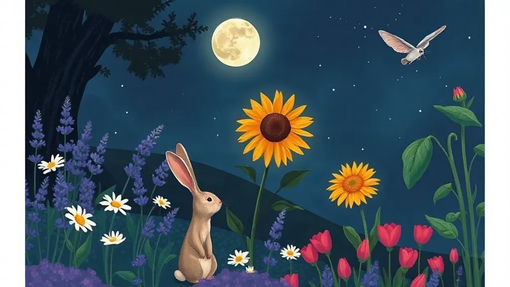 A bunny among lavender, daisies, tulips and sunflowers in a garden under the full moon