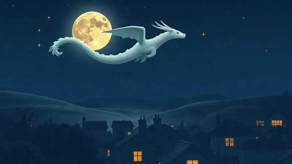 A pale white dragon gliding past the full moon above a sleeping village