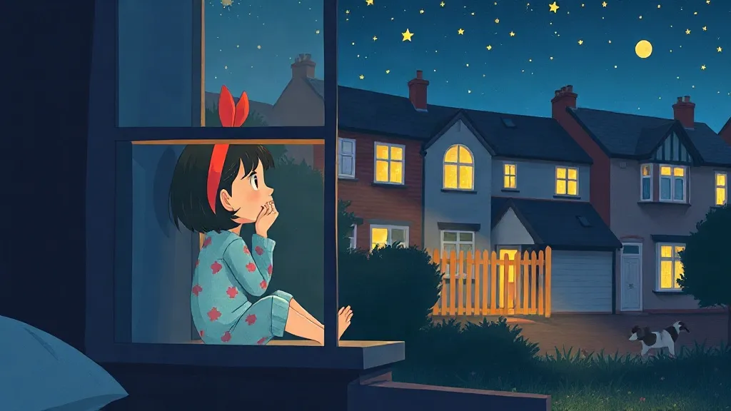 A girl in a red headband at her window at night, listening to the quiet street of houses below