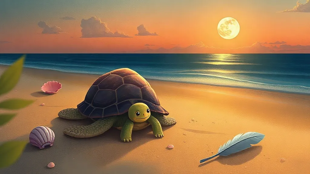 A young turtle on a beach at sunset beside a pink shell and a gray feather, with the moon over the sea