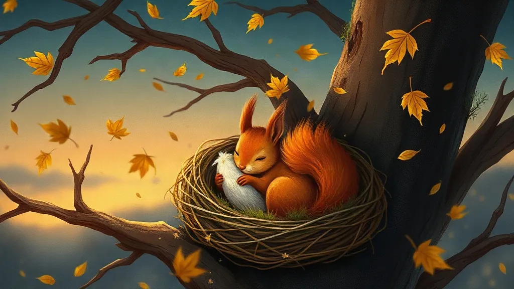 A red squirrel asleep in a nest of leaves and moss high in a tree, with autumn leaves drifting past