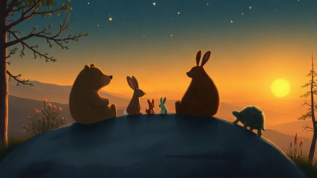 A bear, rabbits, a squirrel and a tortoise sitting on a rock watching the sun set over a valley