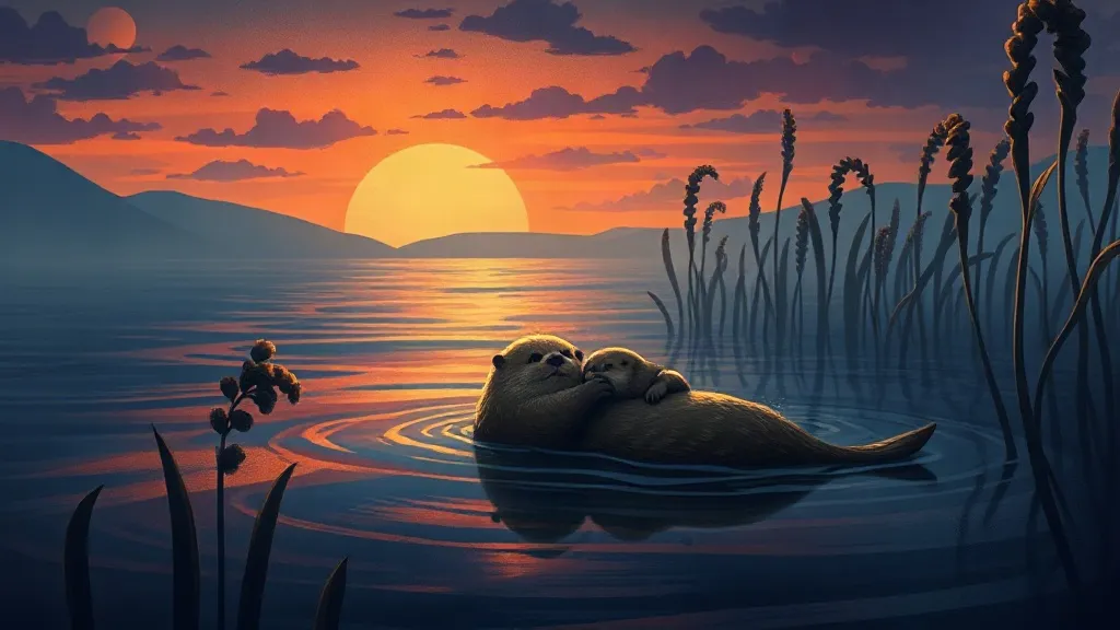 Two otters floating together on their backs on a calm lake at sunset