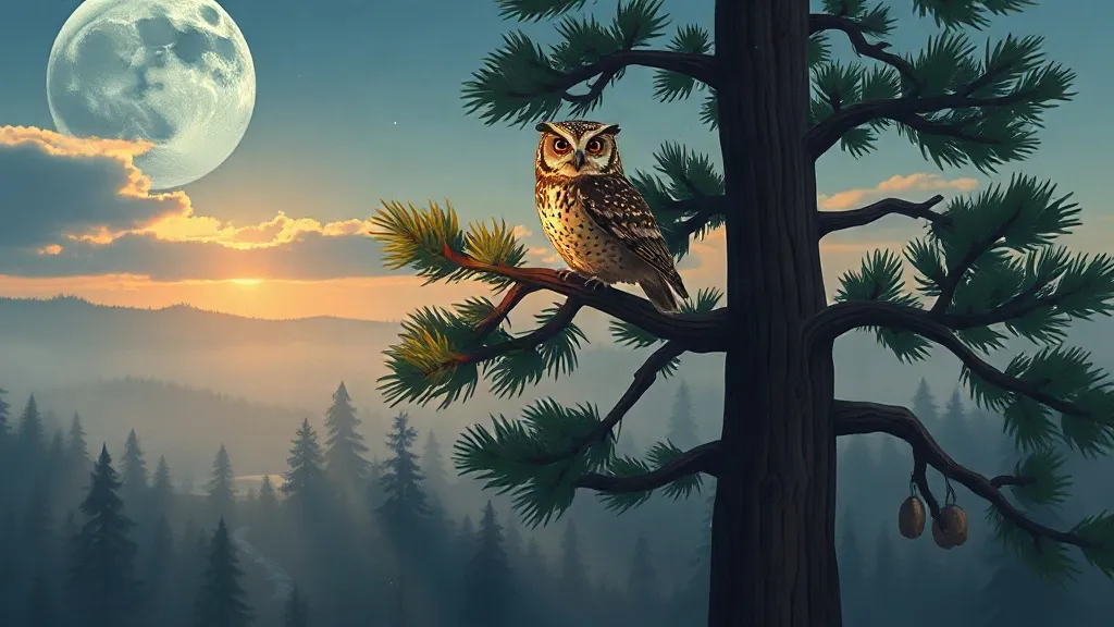 An owl on a pine branch at dawn, with the moon setting over a misty forest