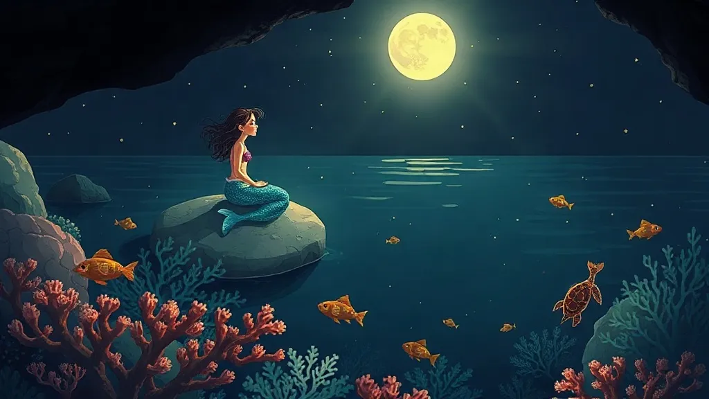A mermaid sitting on a rock above a calm coral reef at night, with fish and a sea turtle below