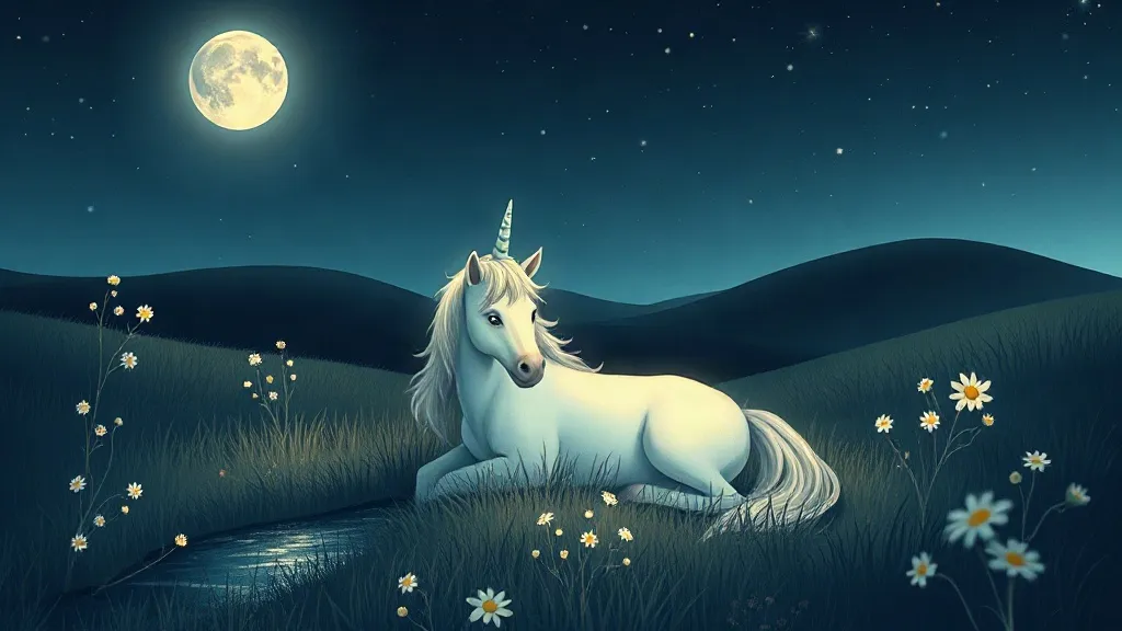 A white unicorn resting in a meadow of small white flowers under the moon