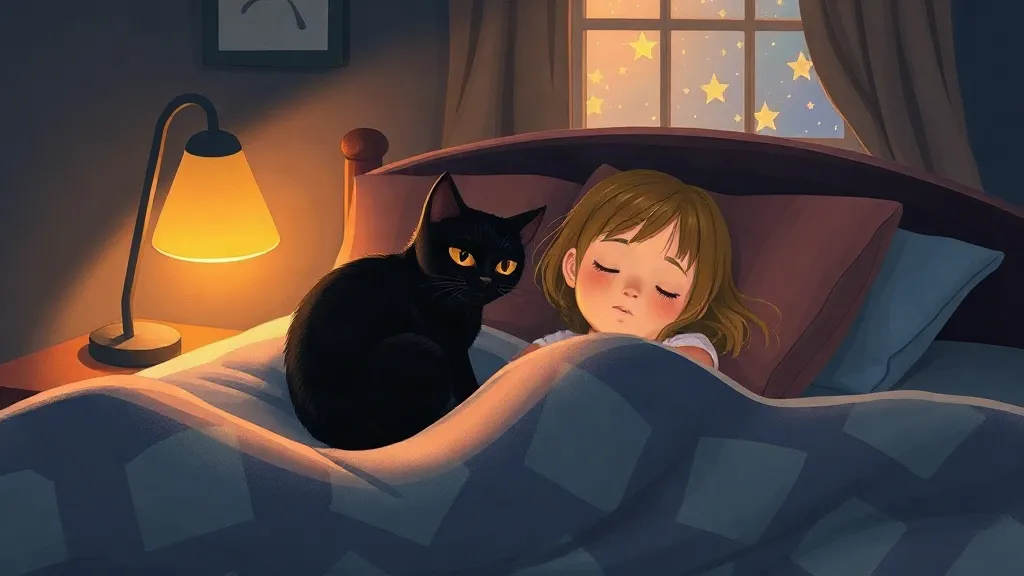 A black cat with golden eyes snuggled beside a sleeping girl in a lamplit bed