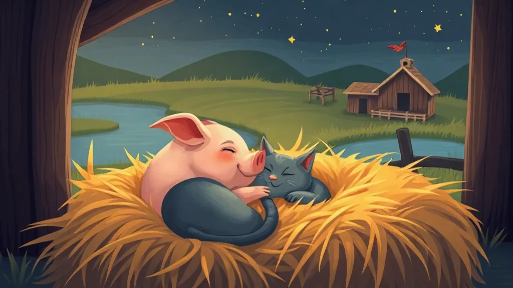 A smiling pink pig asleep in golden straw with a gray cat curled up beside him