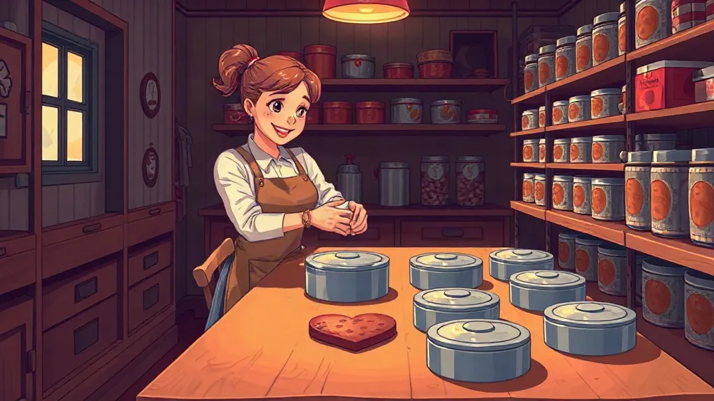 A smiling baker in an apron at a wooden table of round tins and a heart-shaped lid, in front of shelves of tins