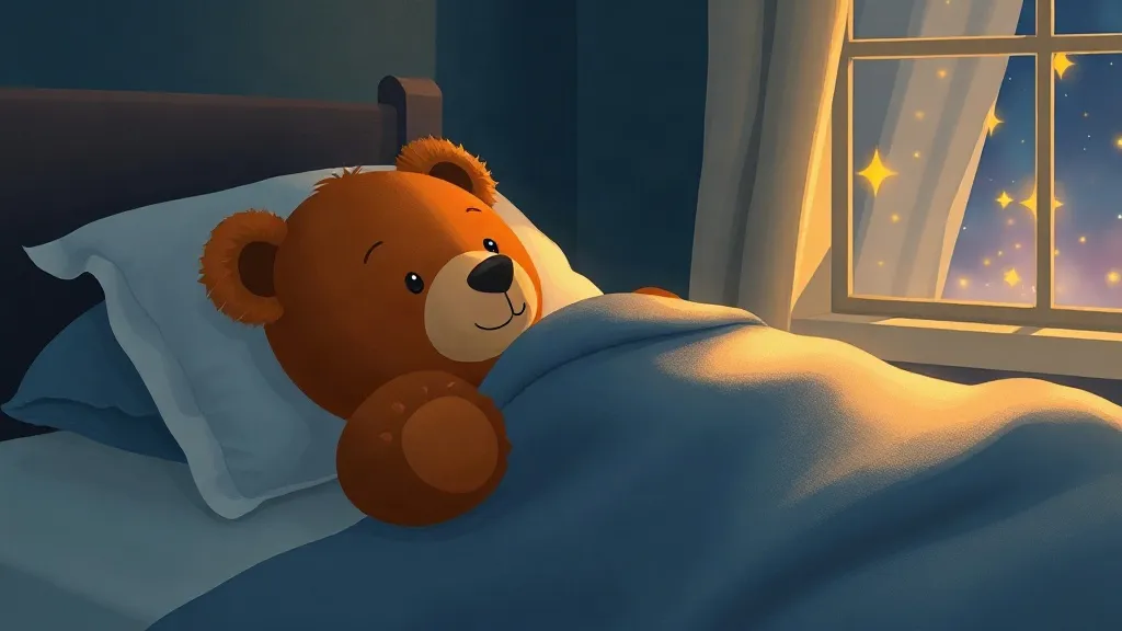 A brown teddy bear tucked in on a pillow by a starry window