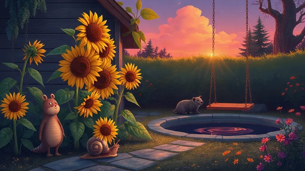 Sunflowers, a snail and a still swing in a garden at dusk, with a small pond