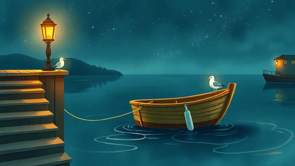 A little wooden boat tied up by harbor steps at night, with a seagull and a lantern