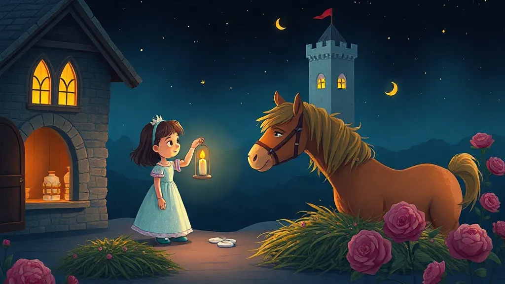 A young princess holding a lantern beside a pony in the castle garden at night