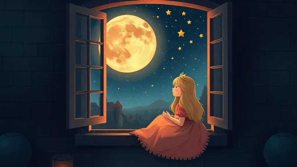 A princess with long hair and a tiara sitting at an open castle window, looking at a big golden moon