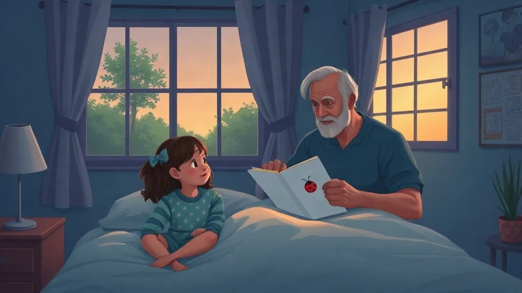 A girl in bed on a light summer evening while her grandfather holds up her drawing of a ladybug