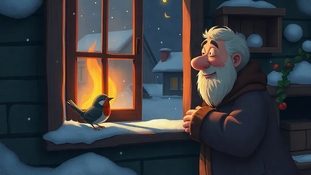 A robin singing on a snowy windowsill to a smiling old man with a white beard, a fire glowing inside