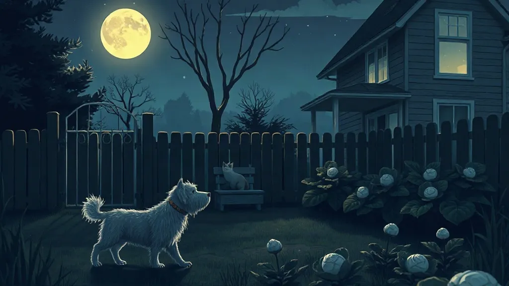 A shaggy gray dog walking through a moonlit garden past cabbages, with a cat watching from a bench