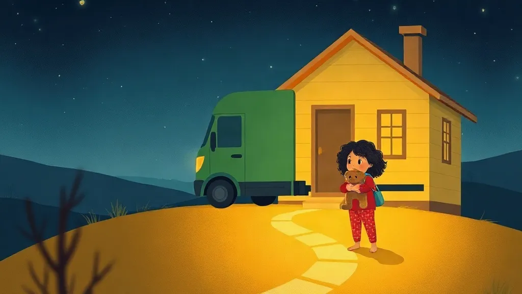 A green delivery truck beside a small yellow house on a hill at night, where a girl in pajamas hugs her new teddy bear