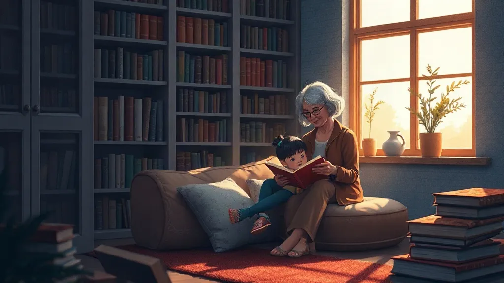 A girl and her aunt reading a picture book together on a cushion in a library