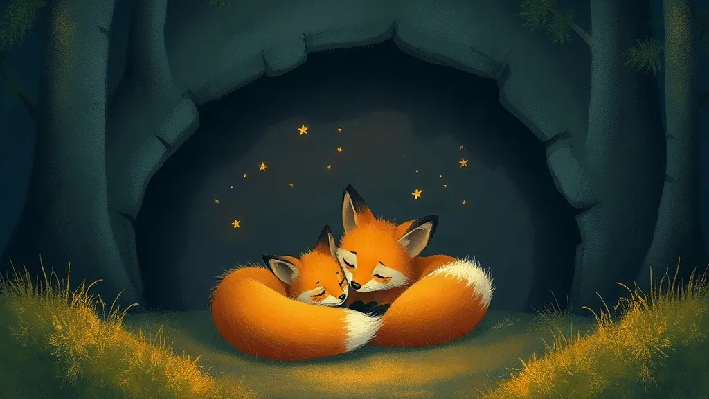 Two little foxes curled up together asleep at the mouth of a den under the stars