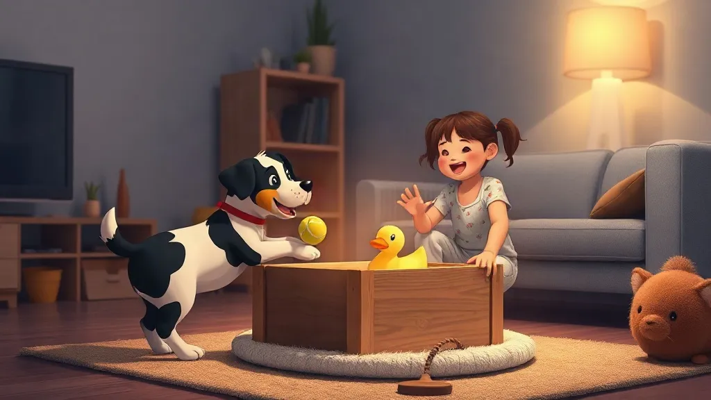A black-and-white puppy dropping a tennis ball into a toy box while a laughing girl watches