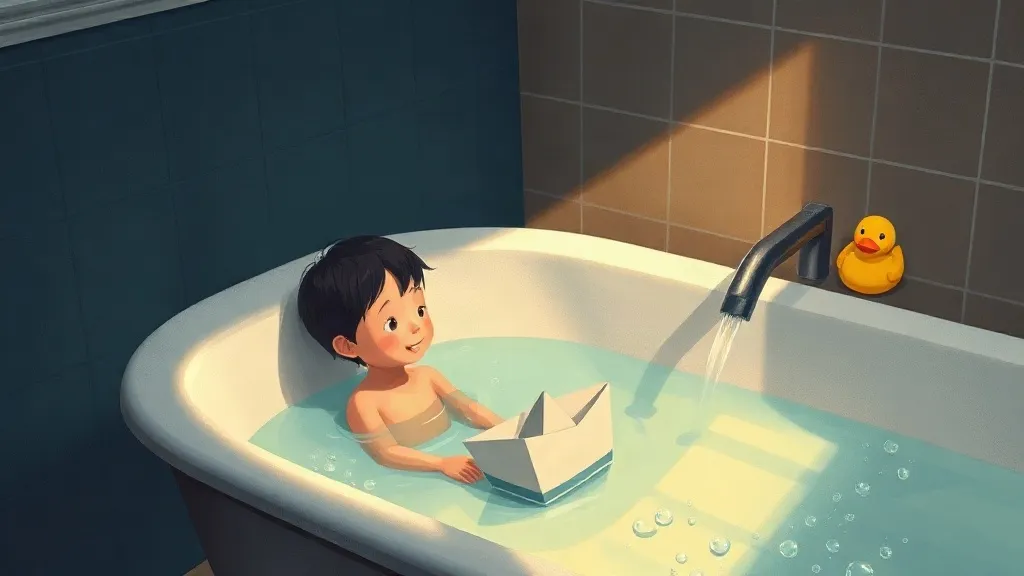 Felipe sets his paper boat on the bath water.