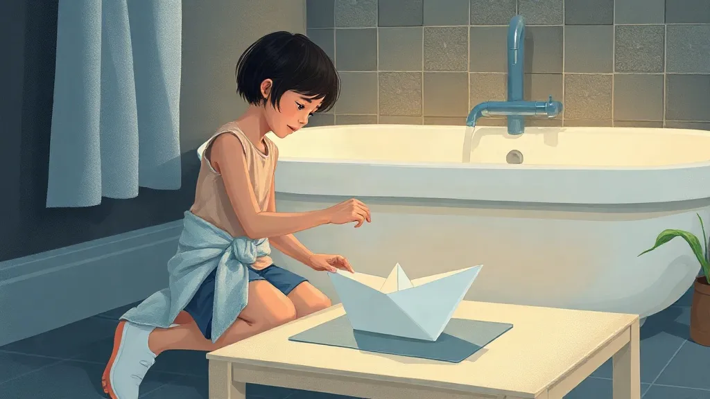 Wrapped in a towel, Felipe folds a new boat with a wide, flat bottom while his mom watches.
