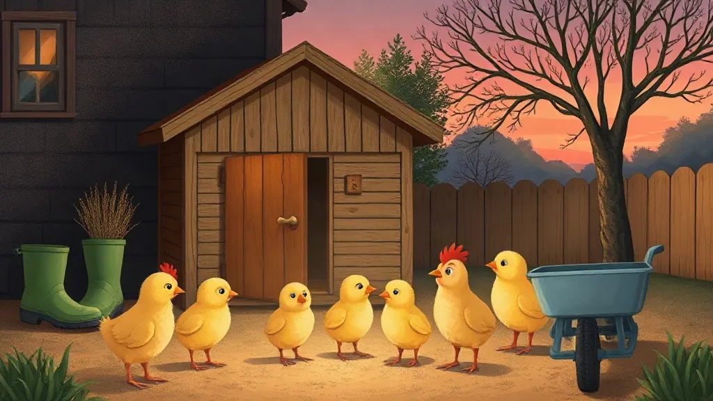 Mother Hen calls her chicks together in the farmyard at dusk.