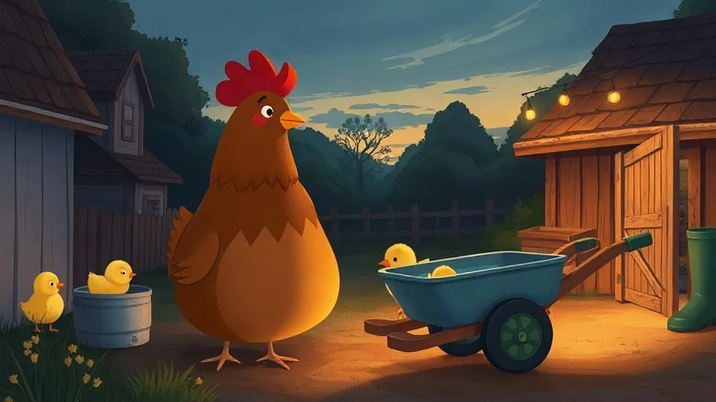 Mother Hen searches by the wheelbarrow for her littlest chick.