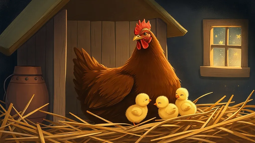 Mother Hen sleeps in the henhouse with all five chicks tucked under her wings.