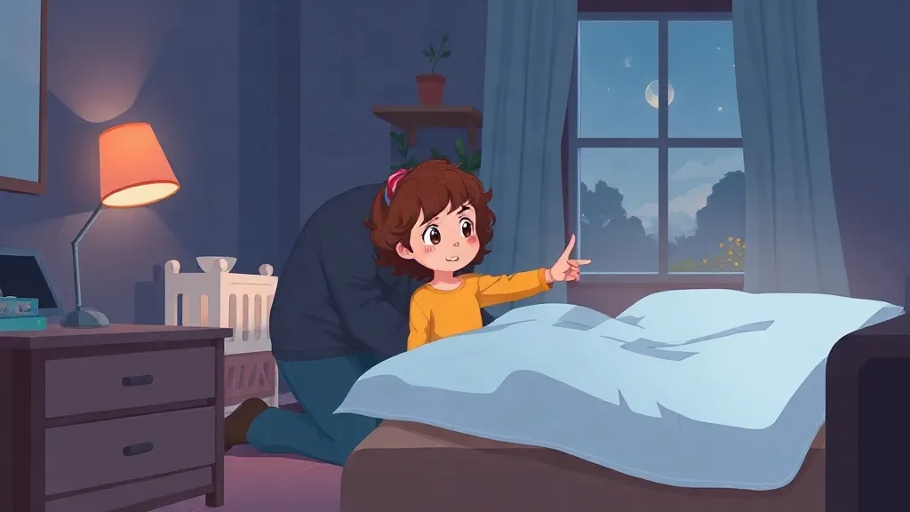 At bedtime, Isa points at her empty pillow while her dad kneels beside her.
