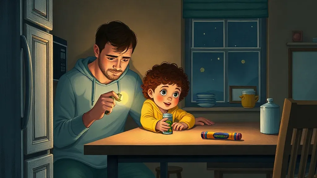 Isa and her dad search the kitchen with a flashlight.