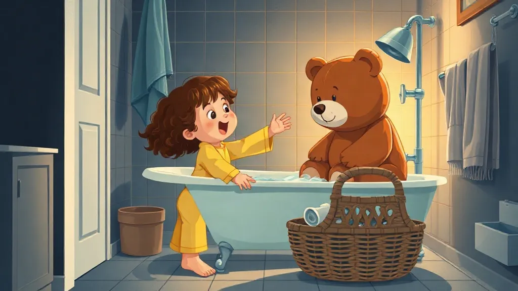 Isa finds Big Ted sitting on the laundry basket in the bathroom.