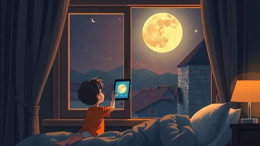A boy at his bedroom window holding up a tablet toward the full moon