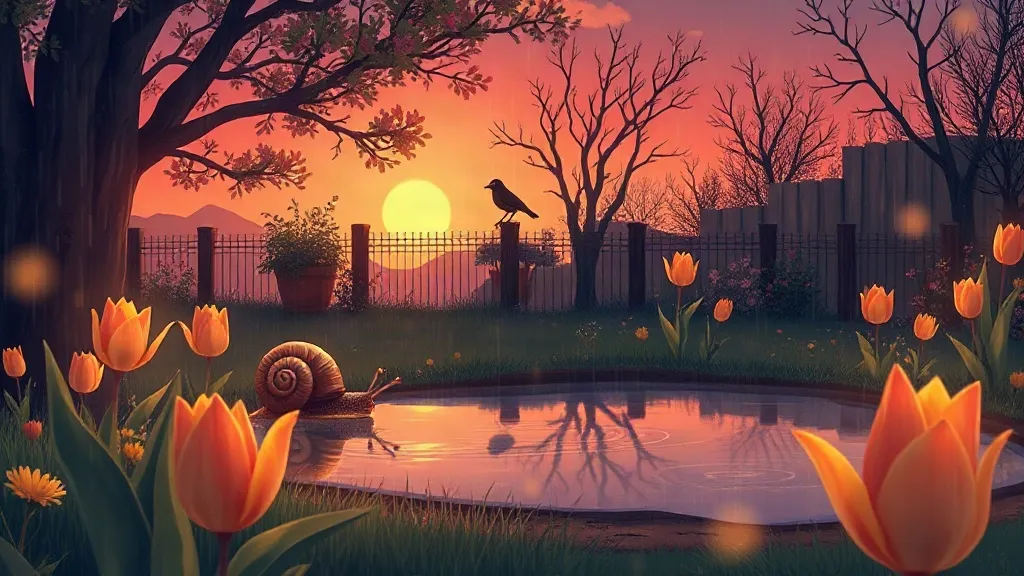 A snail beside a puddle reflecting the sunset, with tulips and a blackbird on the fence