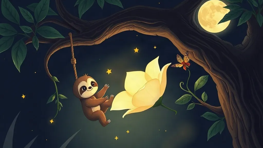 A sloth hanging from a branch beside a big white flower opening under the full moon