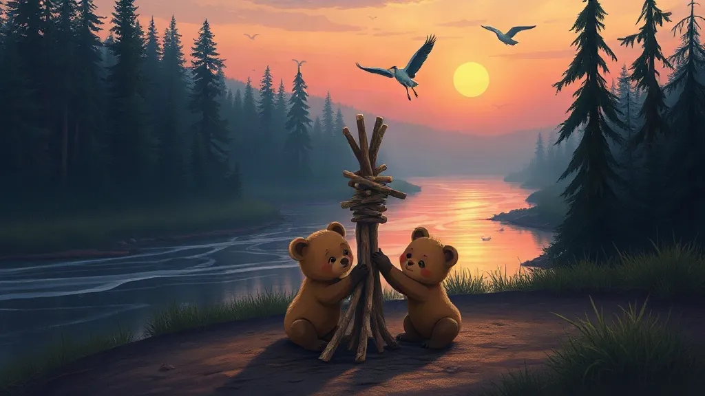 Two bear cubs building a tower of sticks together by a river at sunset, with a heron flying overhead