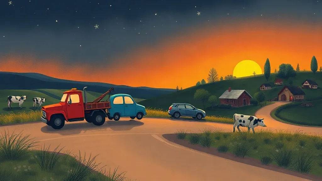 A red tow truck pulling a little blue car along a country road at sunset, with cows in the fields