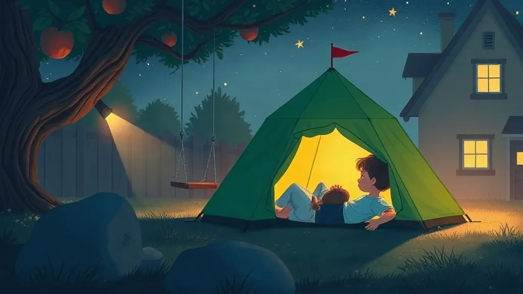 A green tent glowing in a backyard at night, with a girl and her dad looking out at the stars